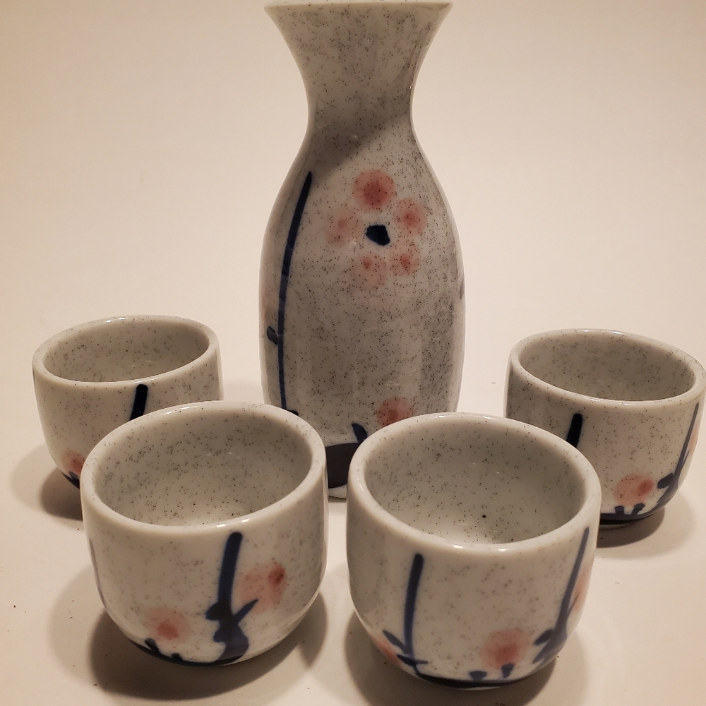 Plum Design Sake Set, Japanese Traditional Ceramic Sake Set 5 piece